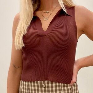 Sincerely Jules Ribbed Collared Polo Vest Tank Top in Chocolate Brown - S